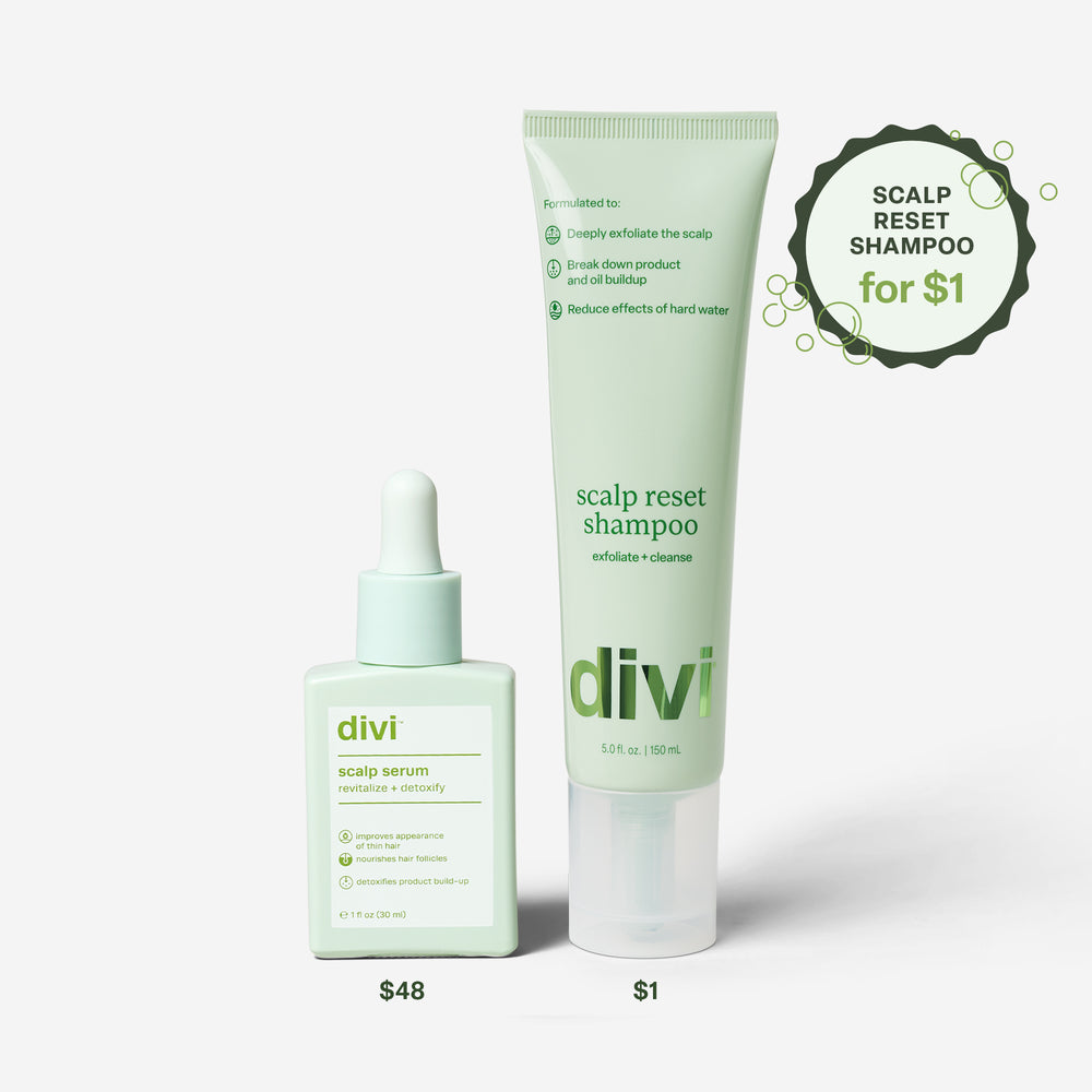 Divi scalp serum and shampoo on a white background with price labels.