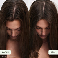 Before and after comparison of hair treatment on a woman's head.